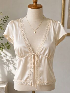 Vintage Cream Satin/Silk tie front cardigan babydoll top with lace trim